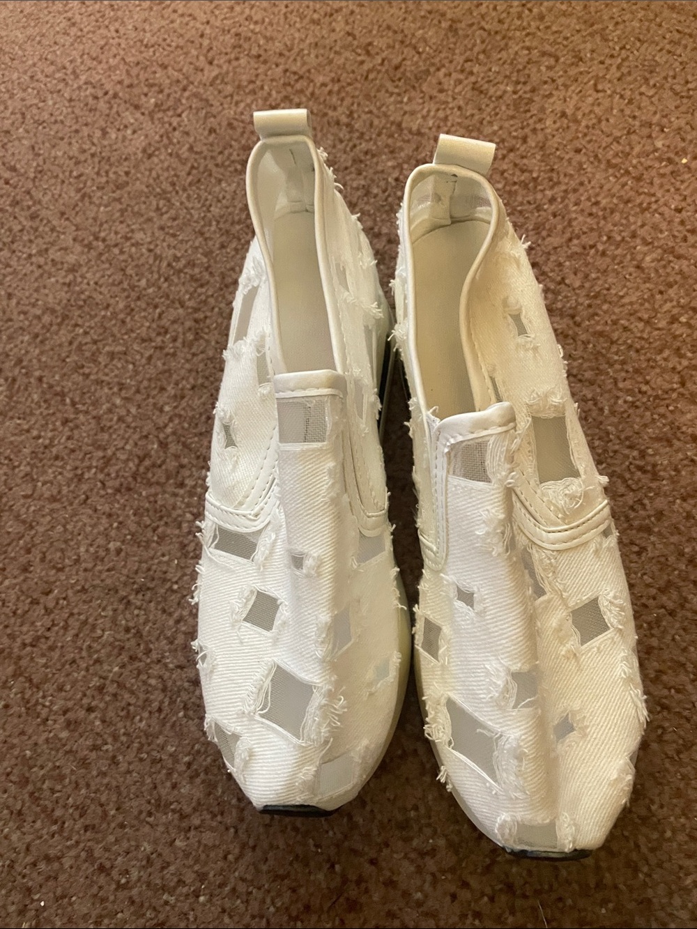 Frayed White Slip-On Mules with Cutout Detail